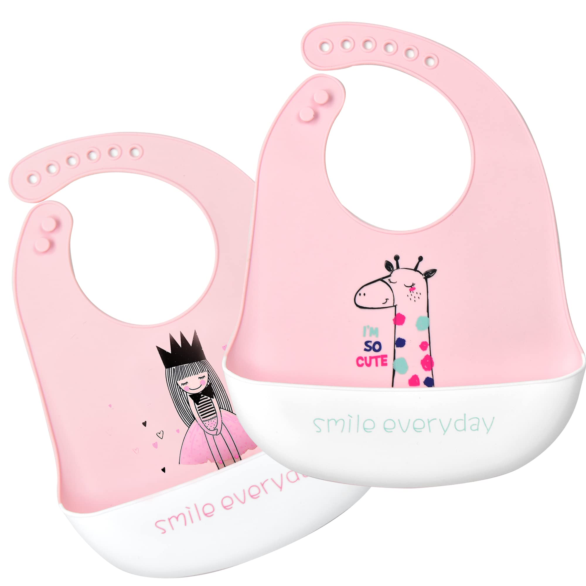 Eimmabey Silicone Bibs for Babies and Toddlers 2 Sets Feeding Bibs for Boy and Girl, Adjustable Soft Waterproof Bibs with Food Catcher Girl & Giraffe