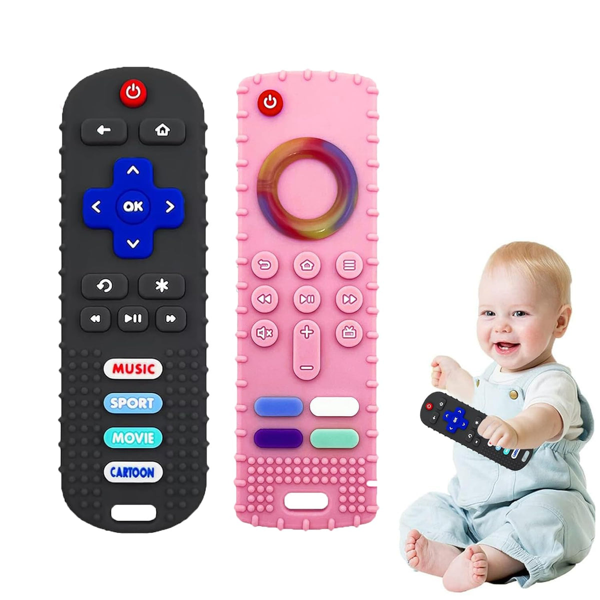 ERSIHUA 2-Pack Baby Teething Toys-TV Remote Control Shape Silicone Infants Teething Toys for Babies 0-18 Months,BPA-Free (N-Black+Black)