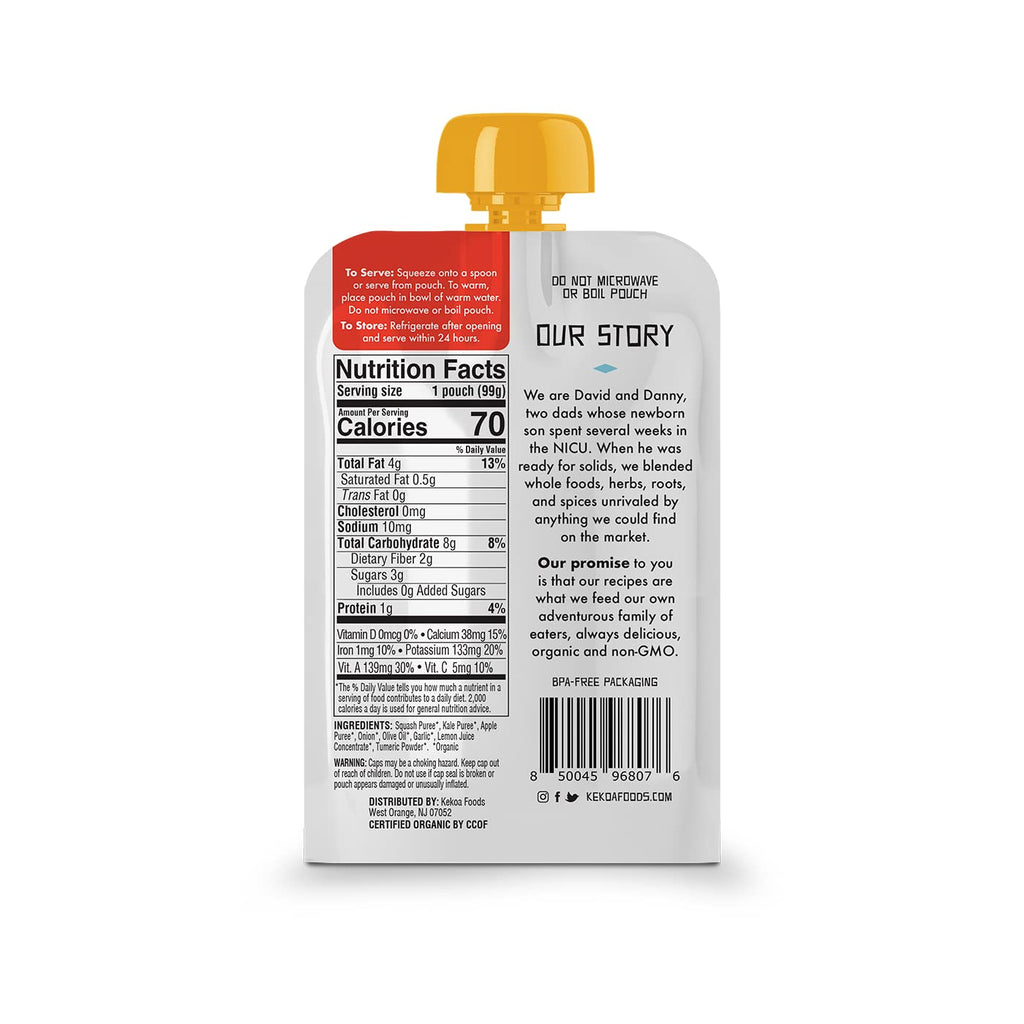 Kekoa Foods Squash & Kale with Turmeric Baby Food Purée | 100% USDA Certified-Organic Vegetarian Squeeze Pouch | Organic, Non-GMO, Gluten-Free, Vegan | Nutritious First Food for Babies | 3.5 oz