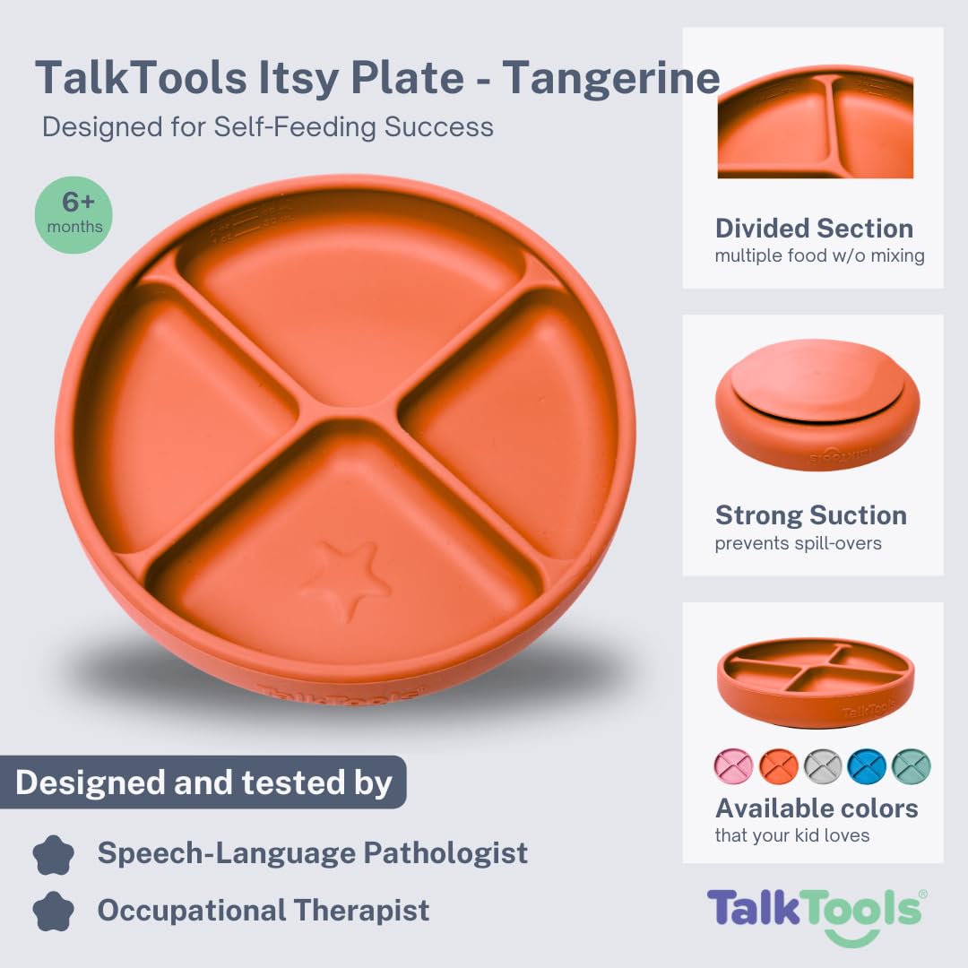 TalkTools Itsy Plate Must-Have Silicone Baby Plates with Suction | Non-Toxic Toddler Feeding Plate | Divided Portion | BPA-Free, Easy-Clean, Travel-Friendly Baby Dishware - Made in USA (Tangerine)