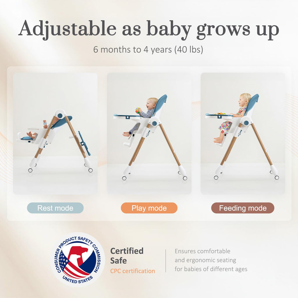 Foldable High Chairs for Babies and Toddlers, 3-in-1 Convertible Baby High Chair with Removable Soft Cushion and Tray, Adjustable Height & Recline, Lockable Wheels, Dark Blue