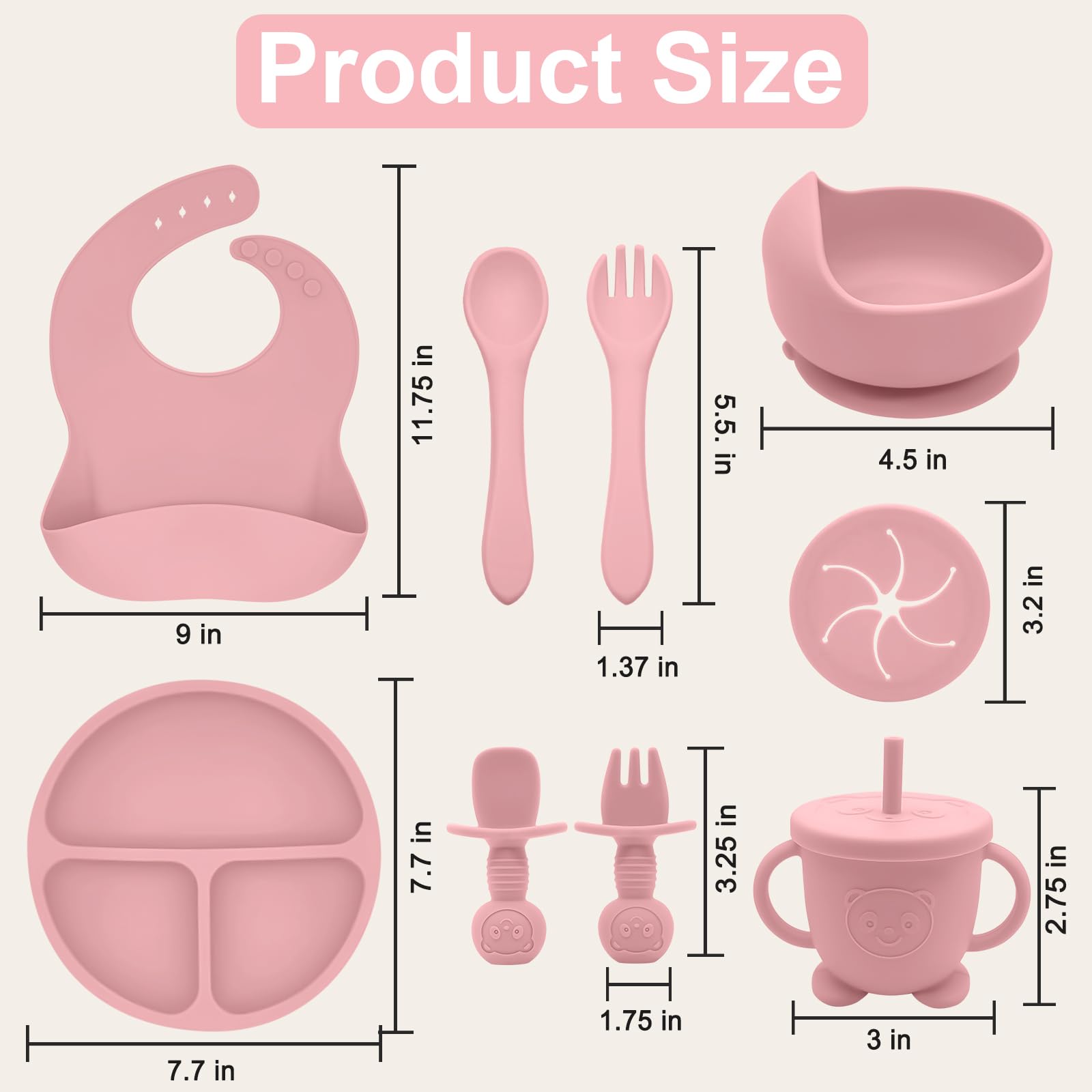 Munlinder Silicone Baby Feeding Set | Baby Led Weaning Supplies Includes Suction Bowls and Divided Plates, Adjustable Bib, Baby Utensils Spoons and Forks,Cup | Baby Feeding Essentials (Pink)