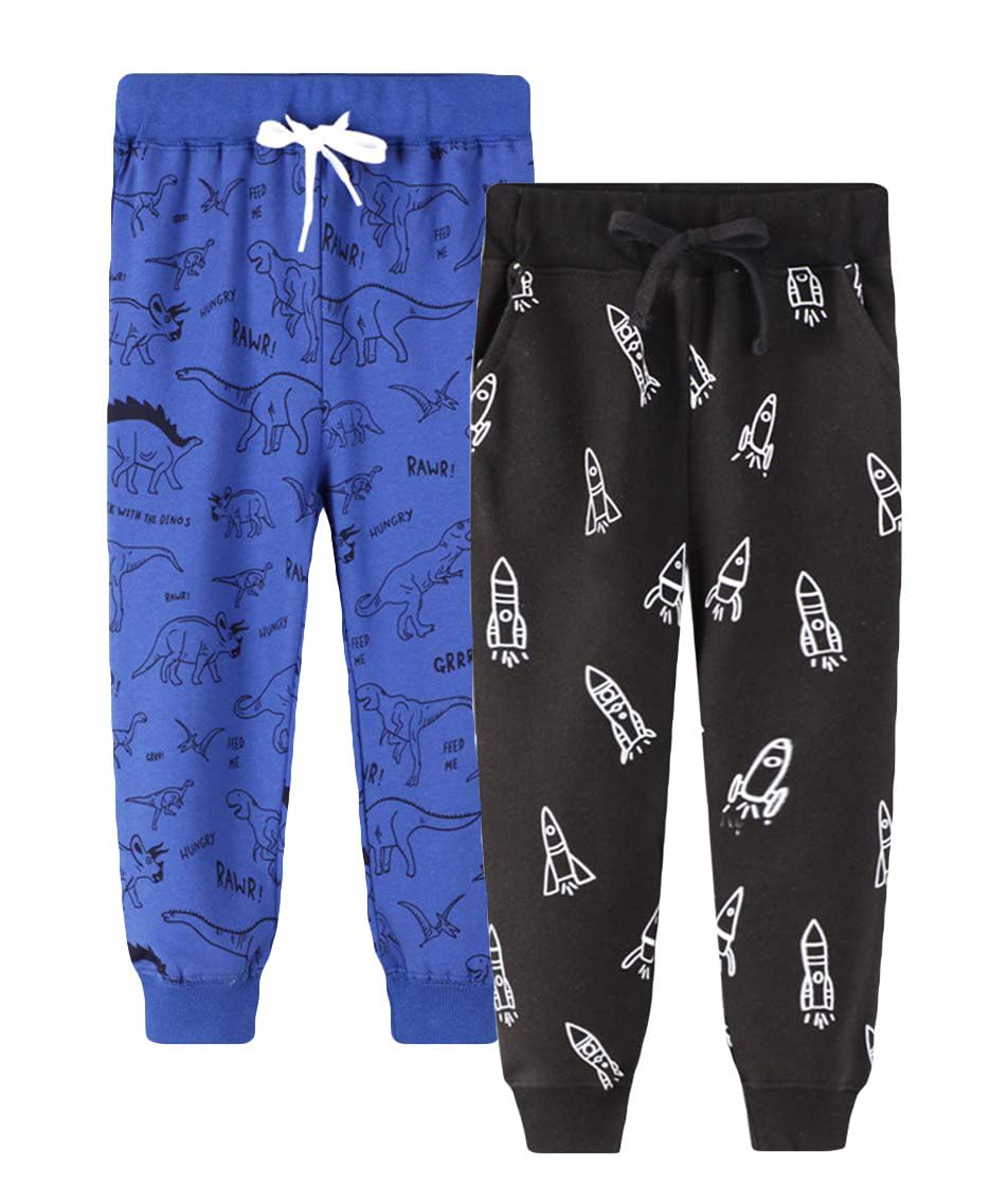 LOKTARC 2 Pack Toddler Boys Drawstring Sweatpants Sport Jogger Pants Rocket Dinosaur 2-3 Years/Size 3T
