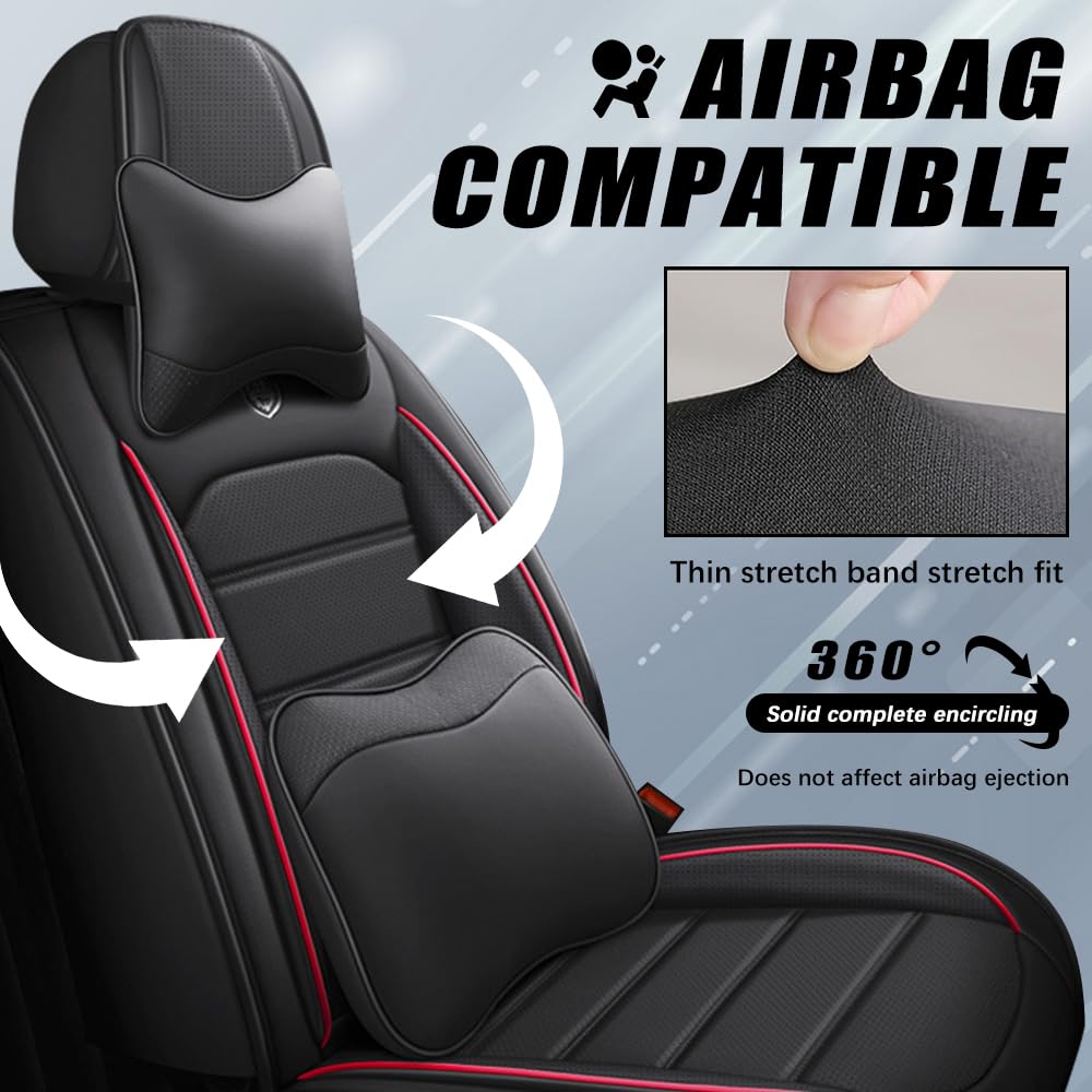 LEYPOCO Leather Seat Cover for Ford Edge 2010-2026,Waterproof Soft Seat Covers,Interior Accessories Seat Covers Cushion Vehicle Protector Airbag Compatible(Black&Red,Full Set with Pillow)