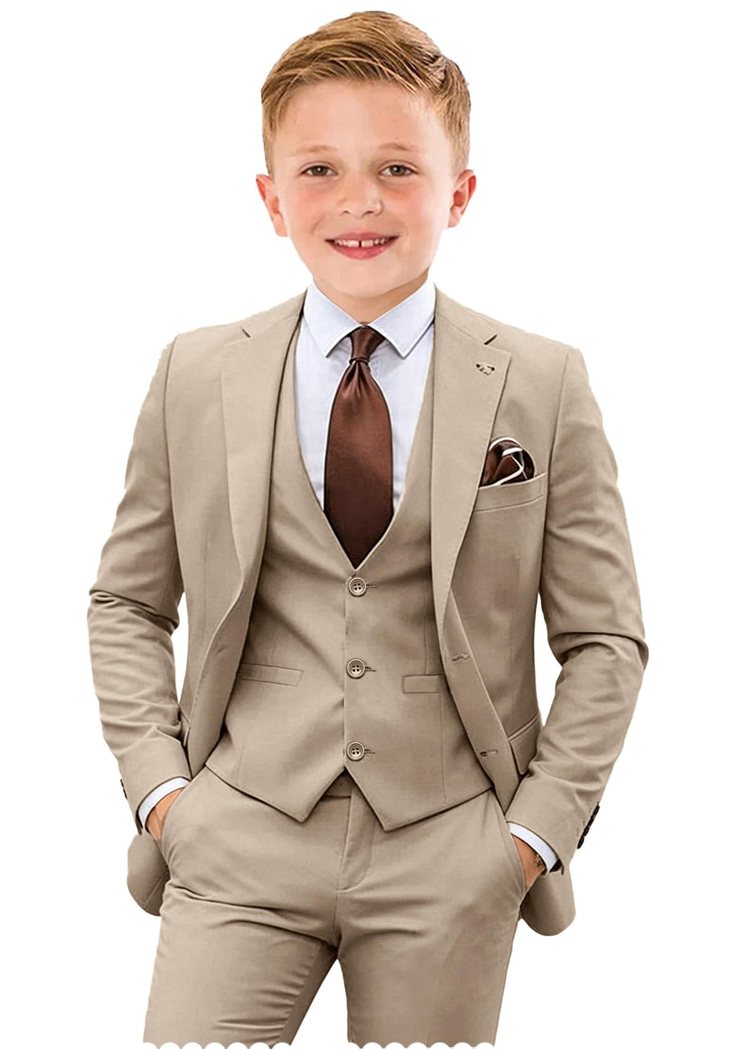 Tesscy Baby Boys Khaki Suit 4 Piece Formal Dress Kids Tuxedo Suits for Toddler Boy Wedding Outfit with Tie Size 2