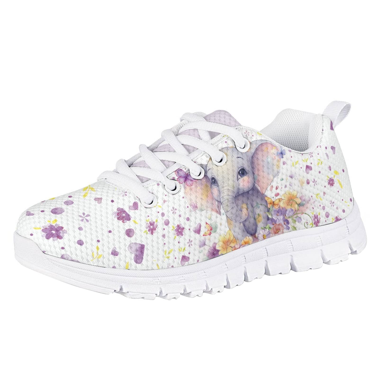 MARSVOVO Girl Running Shoes Flexible Breathable Athletic Lightweight Slip On Girl Sneakers Comfortable Resistant Lace-up Pre Walking Shoes for Boy Girl Little Elephant Print Design Size 4 US