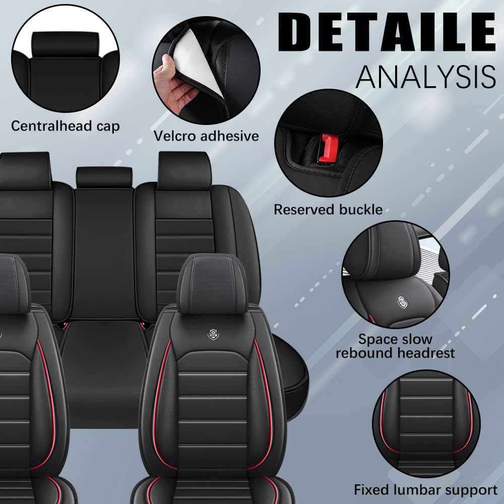 LEYPOCO Leather Seat Cover for Ford Edge 2010-2026,Waterproof Soft Seat Covers,Interior Accessories Seat Covers Cushion Vehicle Protector Airbag Compatible(Black&Red,Full Set)
