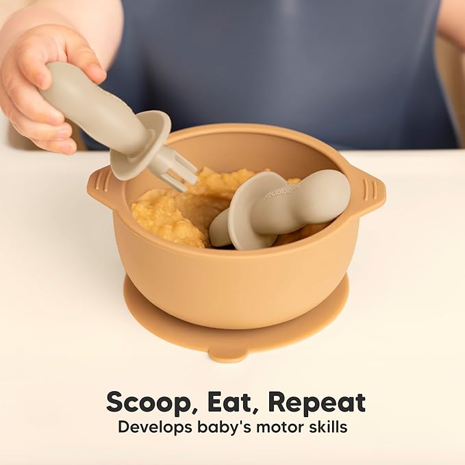 KeaBabies 4-Pack Silicone Baby Spoons and Forks Set - Baby Led Weaning Utensils 6-12 Months, Self Feeding Toddler Spoon & Fork for Training, Teething, Easy to Hold, BPA-Free Silicone (Terracotta)