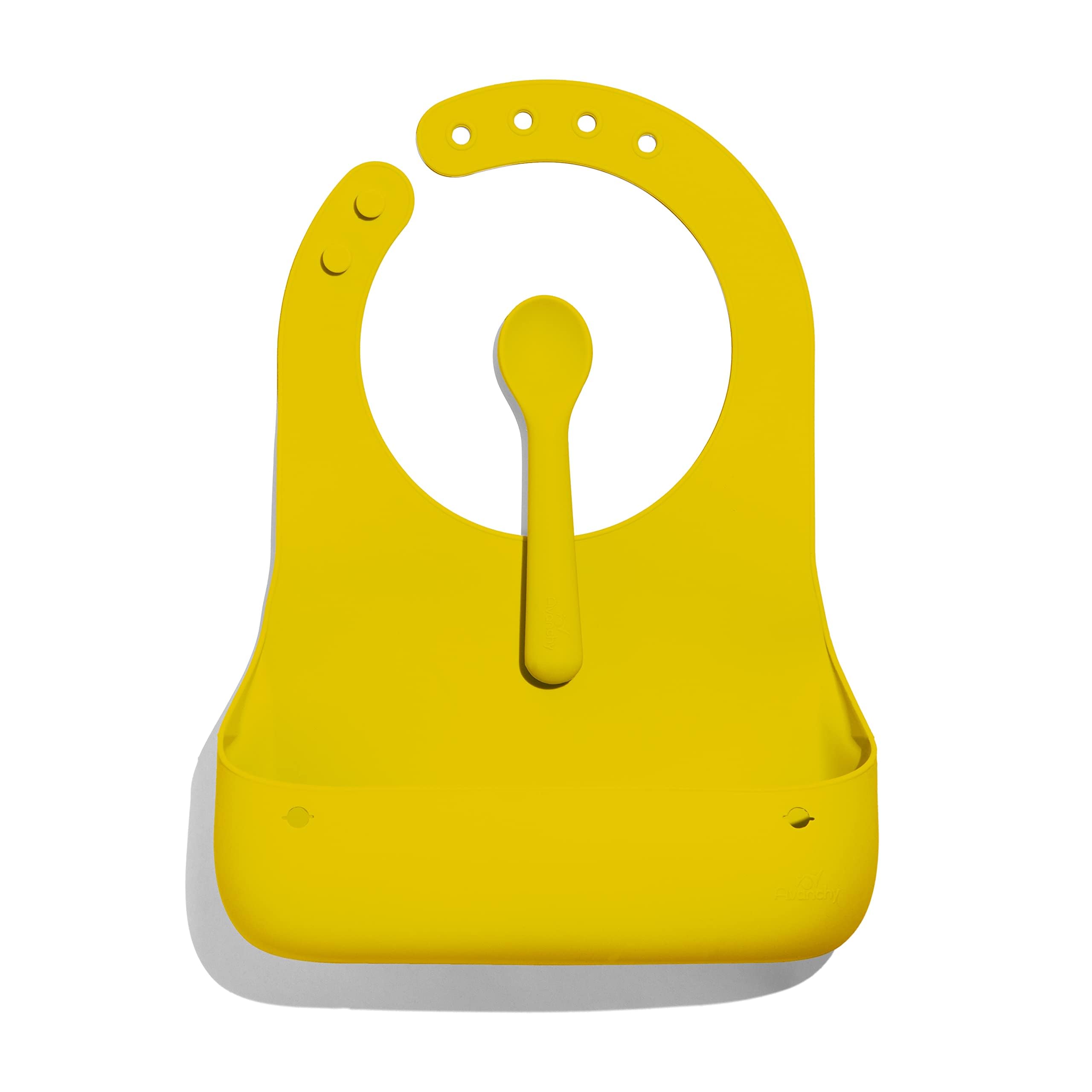Avanchy Roll & Go Silicone Baby Bib with Spoon, Waterproof, Yellow