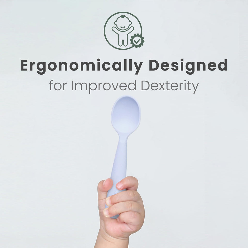 Miniware Silicone Baby Spoon for Training - BPA Free Baby Utensils - Baby Spoons Self Feeding 6 Months | 100% Food Grade Silicone - Modern & Dishwasher Safe Toddler Spoons (Grey and Lavender, 2 Pack)