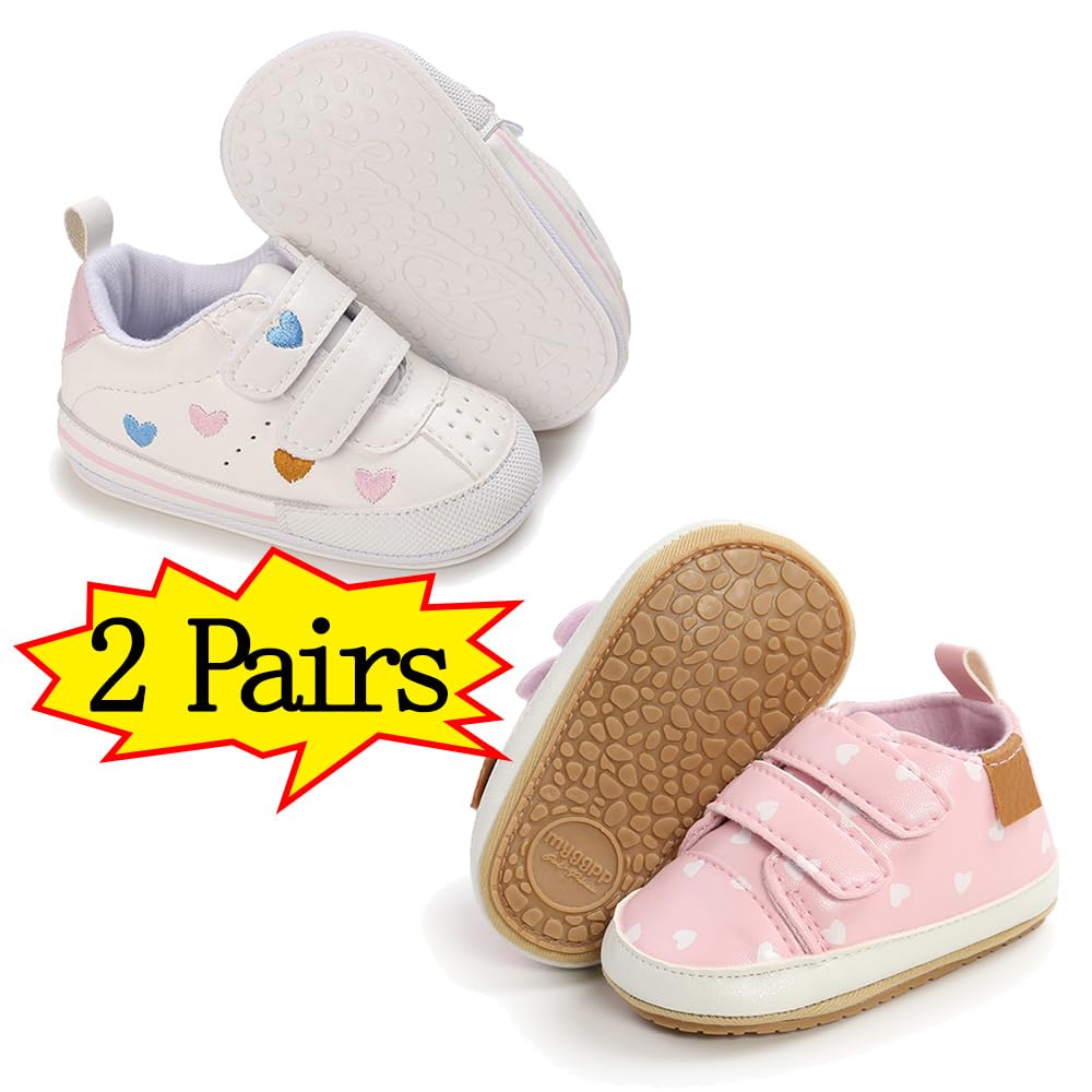 Clowora Baby Boys Girls Shoes Non-Slip Rubber Sole Sneakers Infant First Walking Toddler Crib Shoes Newborn Loafers Flats. (11/2 Pairs_Multi Color+Pink Heart,0-6 Months)