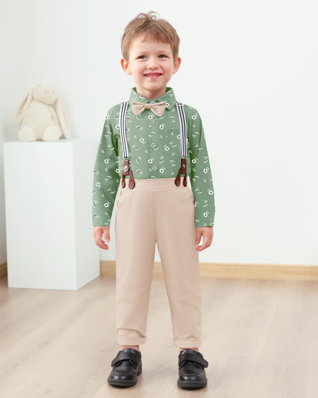 nilikastta Boy Dress Outfit Gentleman Wedding Outfits Beige Dress Shirt With Bowtie/Suspender Pants for Family Gatherings 8-9 Years