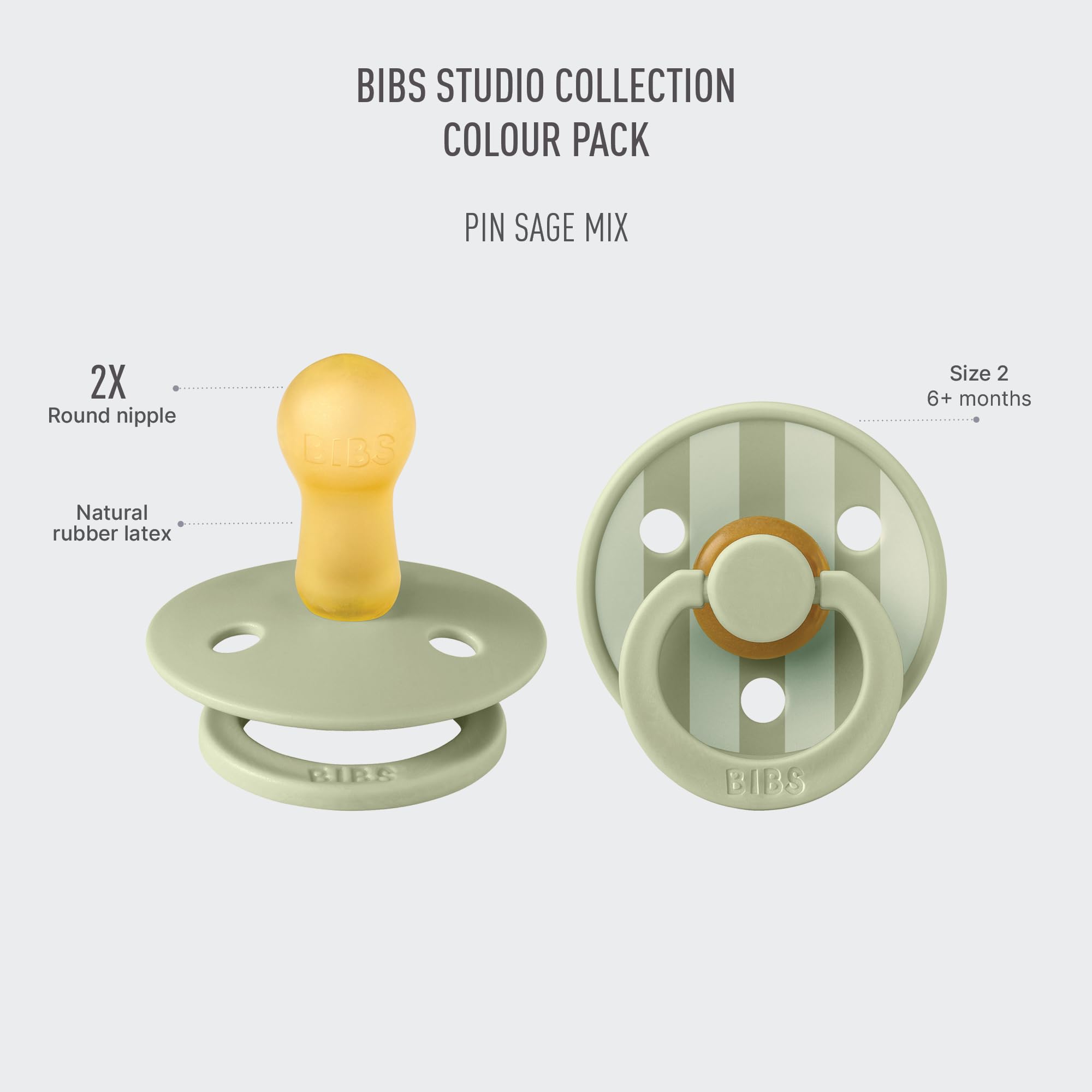 BIBS Colour Pacifier, 6-18 Months, 2-Pack, Round Nipple, Pin Sage
