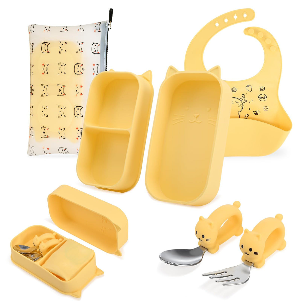 Cat Toddler Feeding Set, 2 Snap-Together Plates + Steel Utensils, Yellow