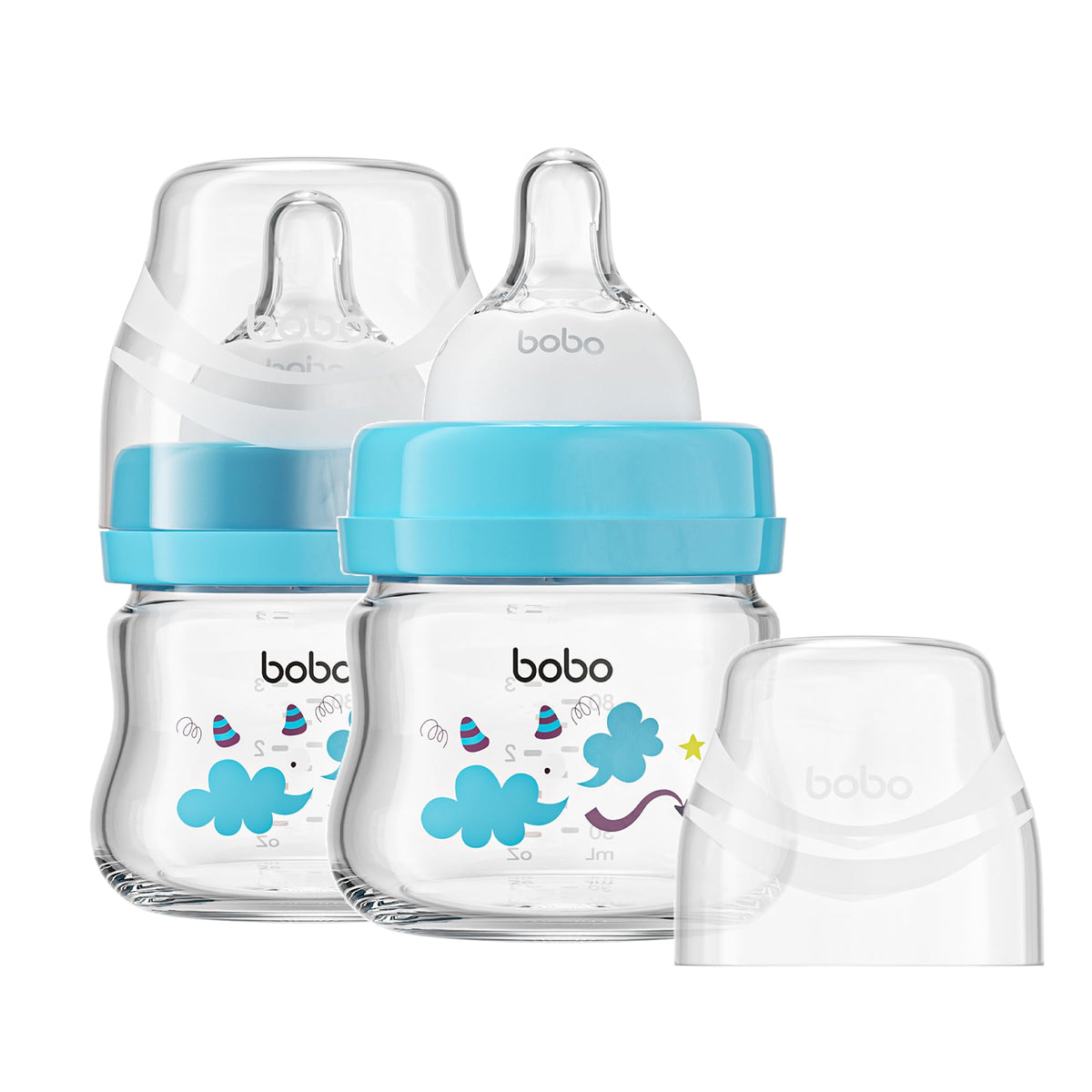 YOHKOH Glass Baby Bottles with Slow Flow Nipple, Newborn Anti-Colic Baby Bottles for 0+ Months, Wide Neck Feeding Bottle, Clear (Multicolour, 2.7oz (Pack of 2))