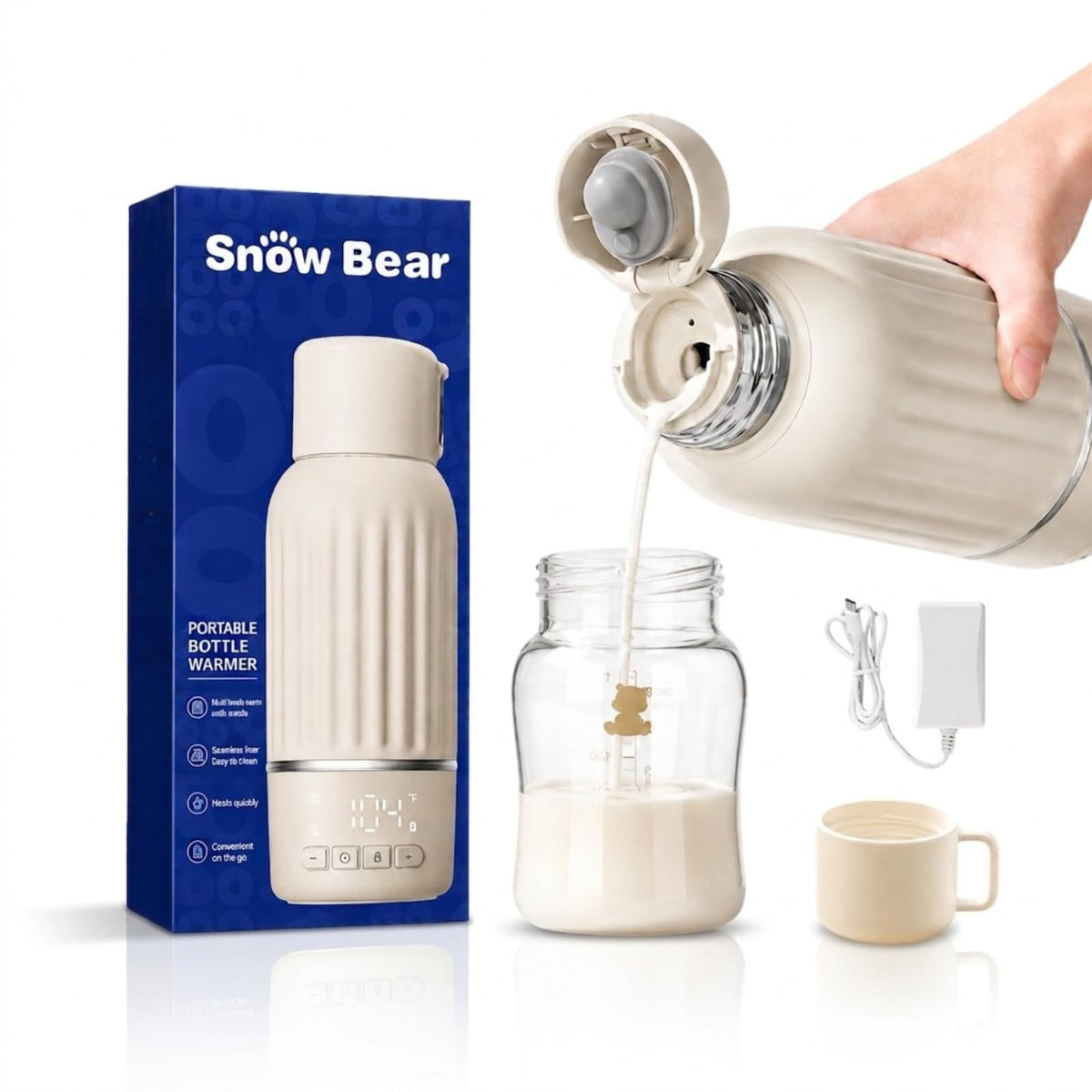 Snow Bear Portable Bottle Warmer for Travel, with 36W Fast Charger, Fast Heating for Breast Milk and Water, 10200mAh Battery with LED Display, 17oz Large Capacity, Smart Water Bottle 500mL
