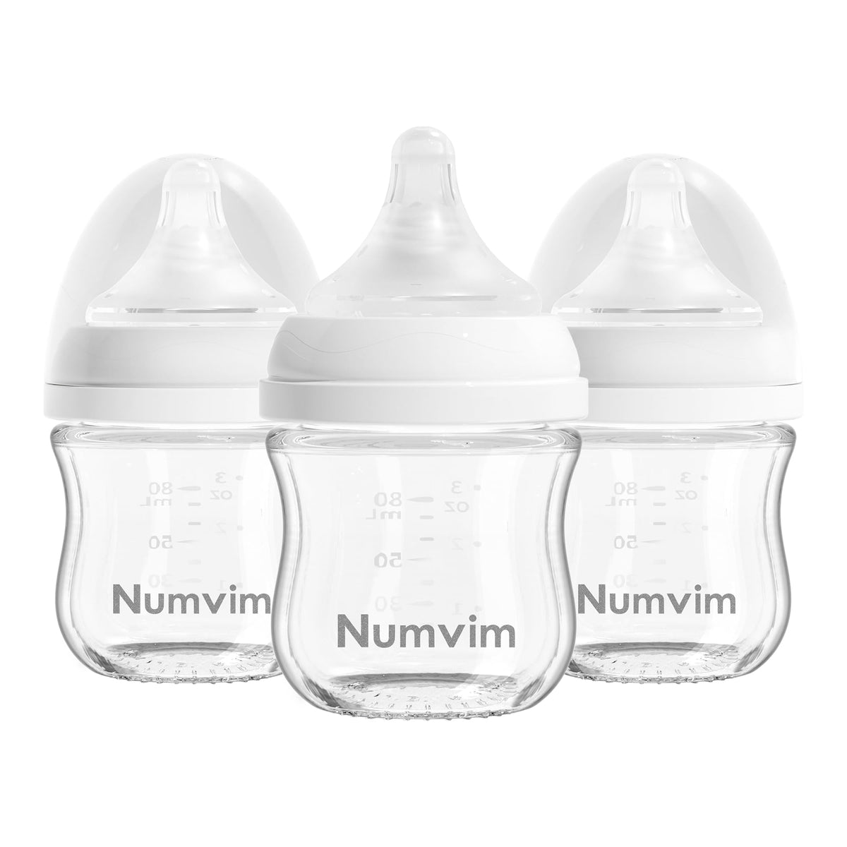 Numvim Natural Glass Baby Bottles with Gentle & Slow Flow Nipples, Newborn Breastfeeding Bottle, Anti-Colic, Includes M Nipples(3 Month+),3 Packs (White 8 Oz)