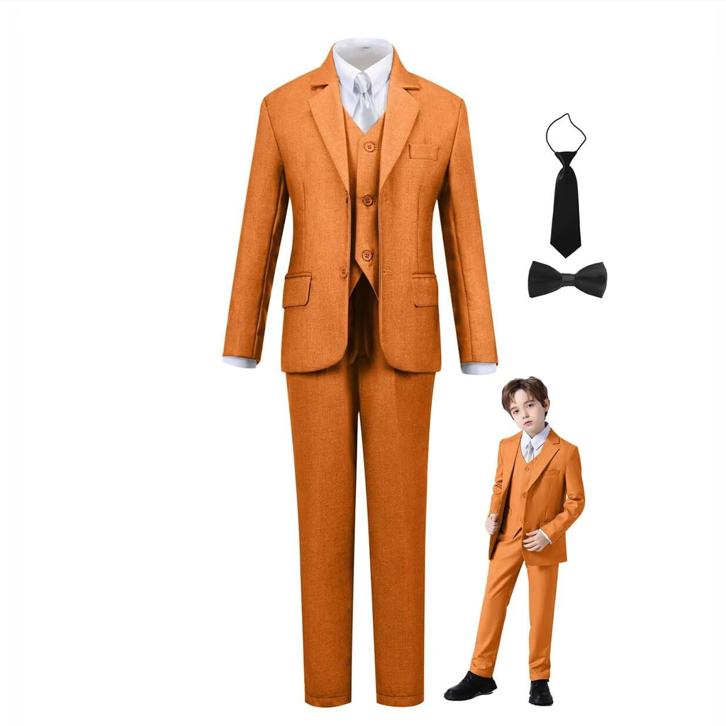 Boys Suit Slim Fit Outfit Suits Kids 6 Piece Jacket Vest Pants Orange 4