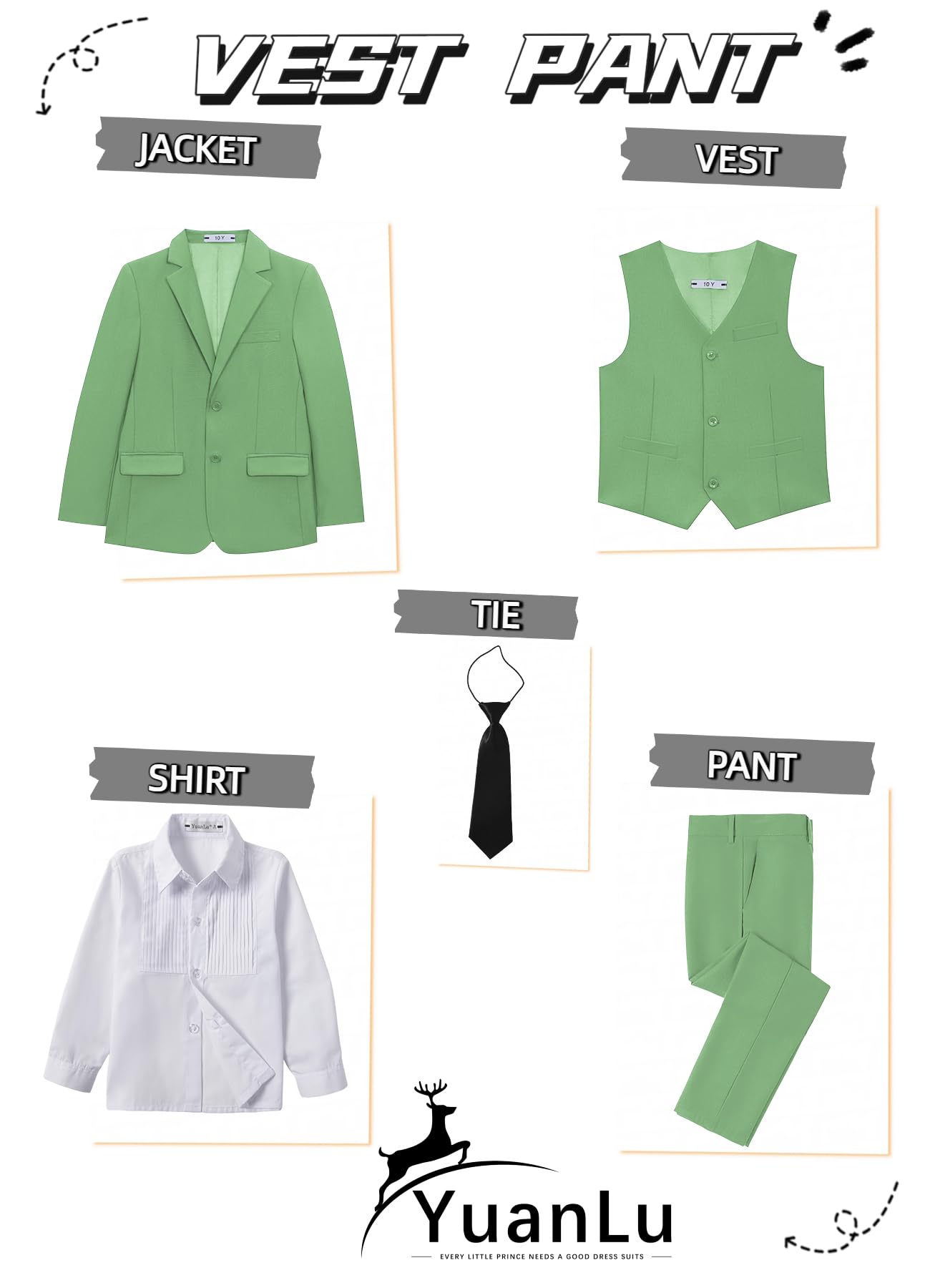 YuanLu Kids Tuxedo Sage Green Boys Slim Fit Outfit Toddler Suit Size 5T