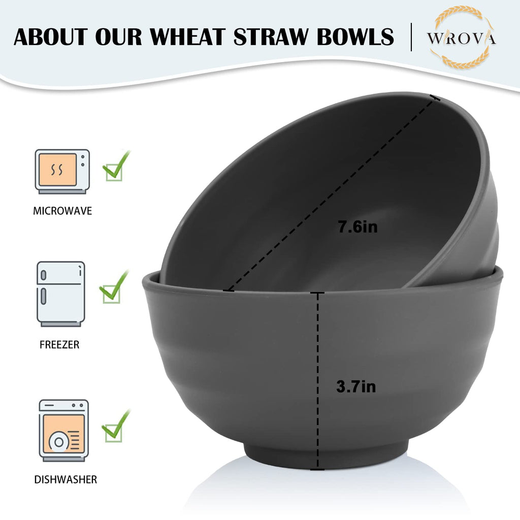 Wheat Straw Bowls Set 60 OZ Unbreakable Large Cereal Bowls Set of 6 Microwave and Dishwasher Safe Bowls Big Bowls for Apartment and Dorm BPA Free Soup Bowl for Serving Oatmeal and Salad (Deep Gray)