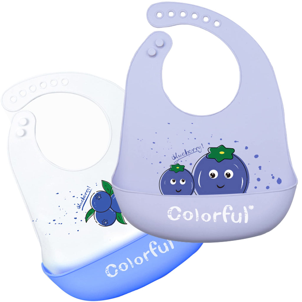 Eimmabey Silicone Bibs for Babies and Toddlers, 2 Sets, Blueberry, Waterproof, Adjustable, 3D Pocket, BPA Free, Cartoon Pattern, Baby Girls