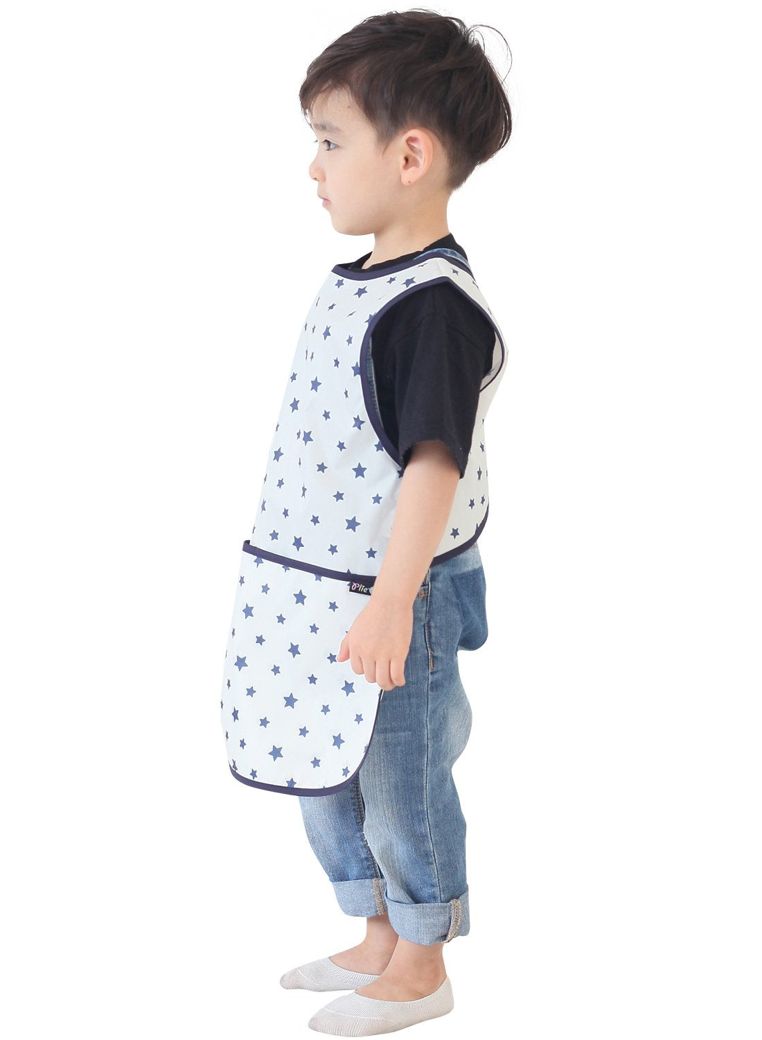 Plie Kids Painting Apron – Waterproof Art Smock for Toddlers & Preschoolers, Messy Play, Baking, Crafts, Cooking, Sensory Activities, Mealtime (Ages 1–10), Navy Star (14-S)