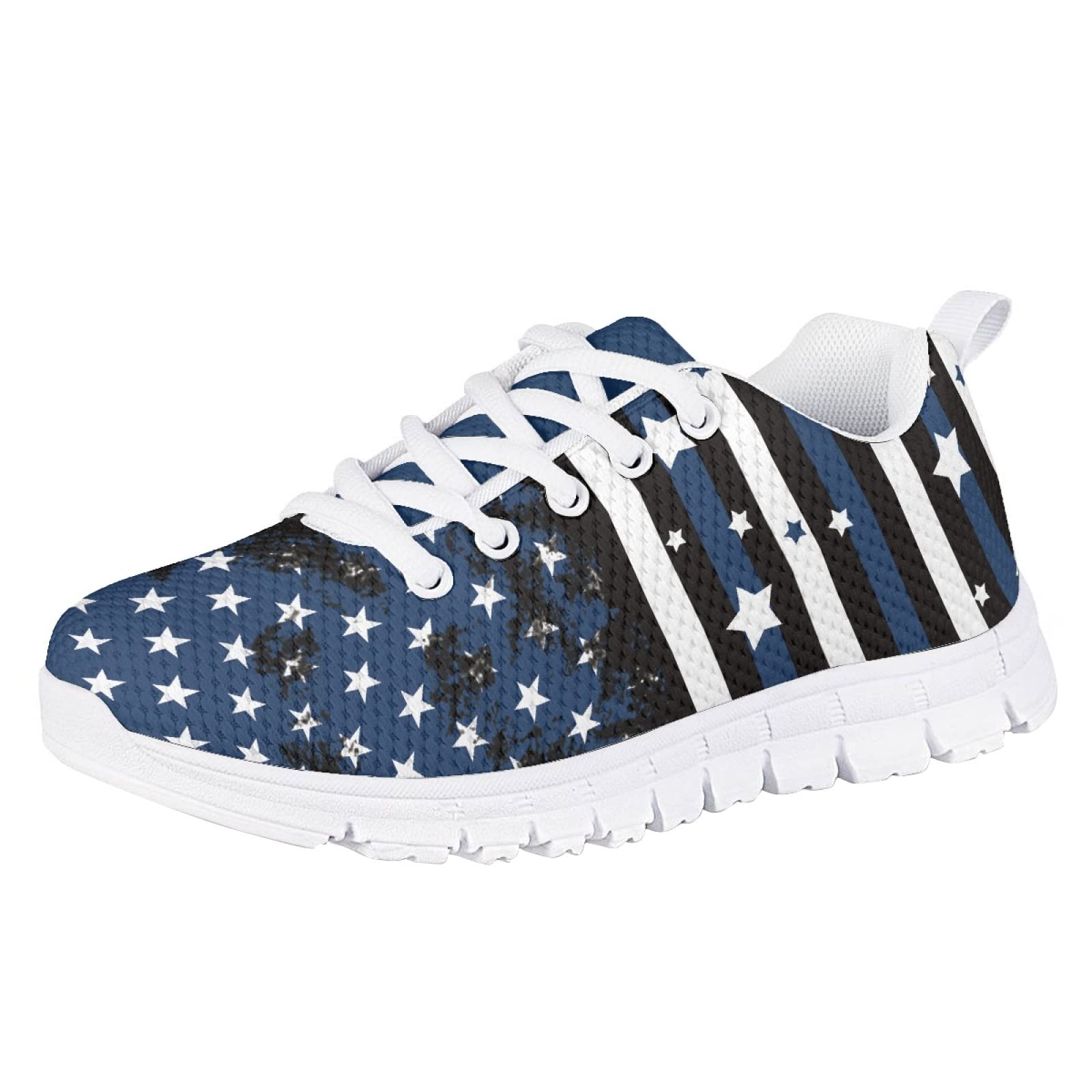 MARSVOVO Walking Shoes for Boy Girl Flexible Athletic Lightweight Breathable Girl Running Shoes Most Comfortable Classic Non Slip Play Travel Shoes Blue Black White Stars Striped Size 11.5 US