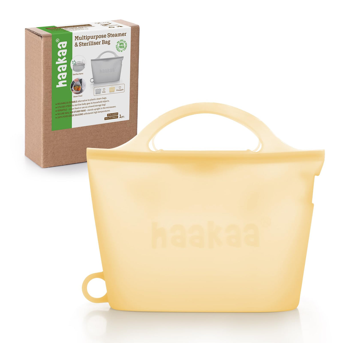 Haakaa Silicone Travel Microwave Steamer & Steriliser Bag, 30oz/900ml Reusable Silicone Steaming Bags for Baby Small Items, Pacifiers, Teethers or Baby Cups, Great for Home and On-The-Go, Grey/1PC
