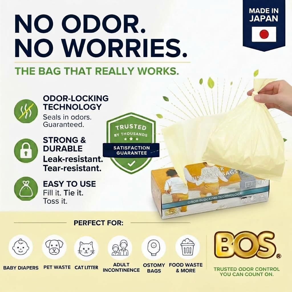 BOS, Odor-Locking Diaper Disposal Bags, Made in Japan, Unscented Smell Blocking Technology [Medium, 90 count]