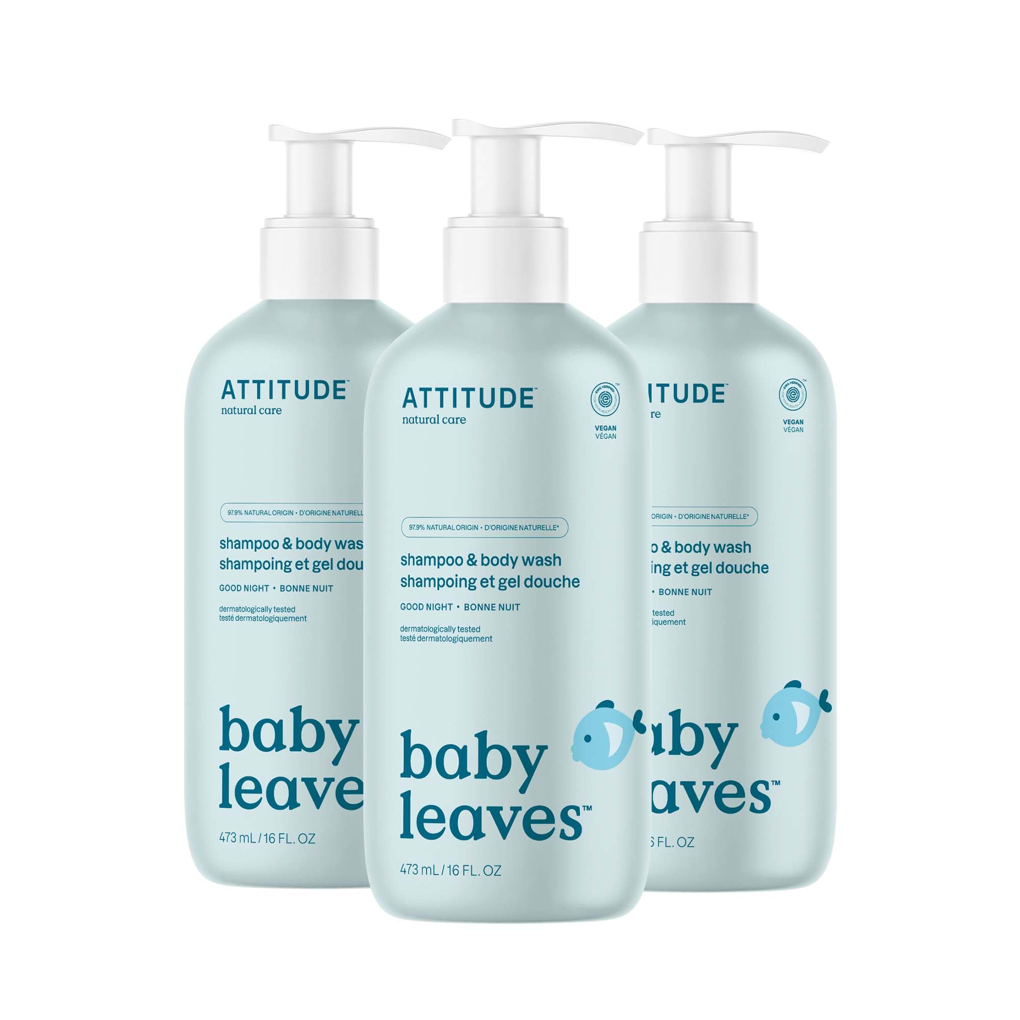 ATTITUDE Baby 2-in-1 Shampoo and Body Wash, EWG Verified, Dermatologically Tested, Vegan, Good Night, 16 Fl Oz (Pack of 3)