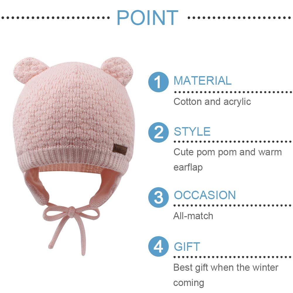 BAVST Baby Beanie Hat for Winter with Earfalp Cute Bear Kids Toddler Girls Boys Warm Knit Cap 0-2Years(Pink, M)