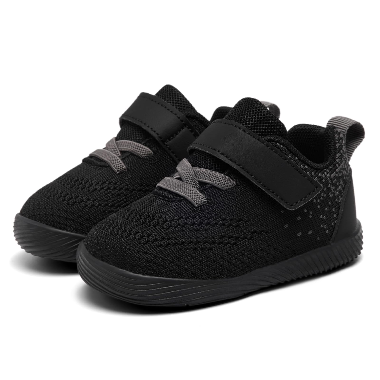 MORENDL Toddler Sneakers Baby Boys & Girls Barefoot Shoes Lightweight Breathable Walking Running Tennis Athletic Sport Shoes Black Grey Punctate 9-12 Months Size 4.5