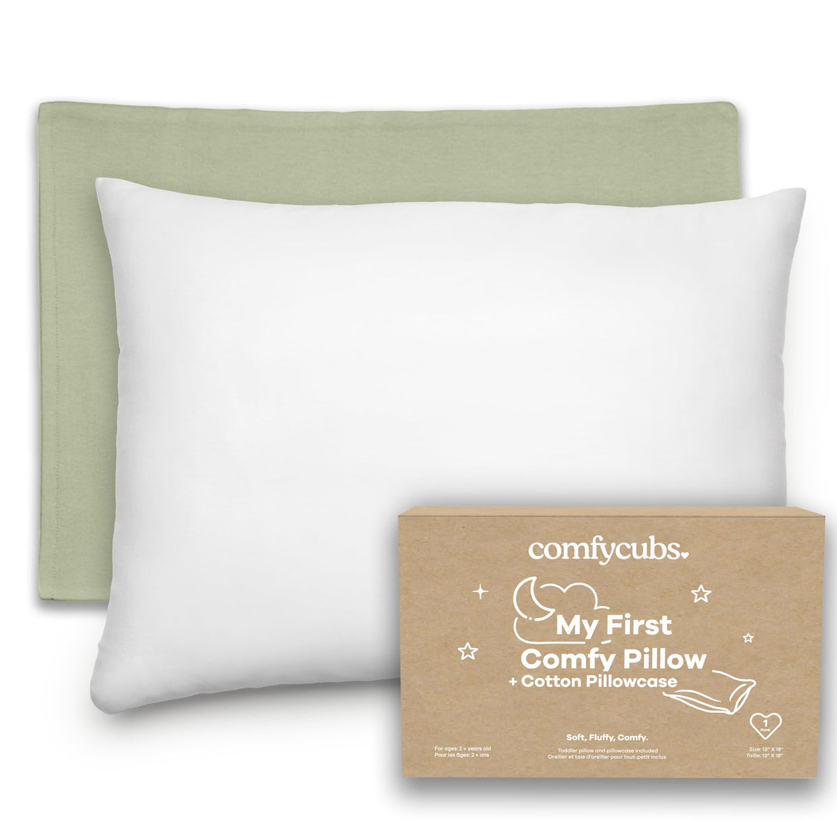 Comfy Cubs Toddler Pillow with Muslin Pillowcase, 13 x 18 in, 2 Pack - Lightweight, Breathable Microfiber Fill for Sleeping and Travel - Soft and Cozy Small Pillow for Toddlers - Sage