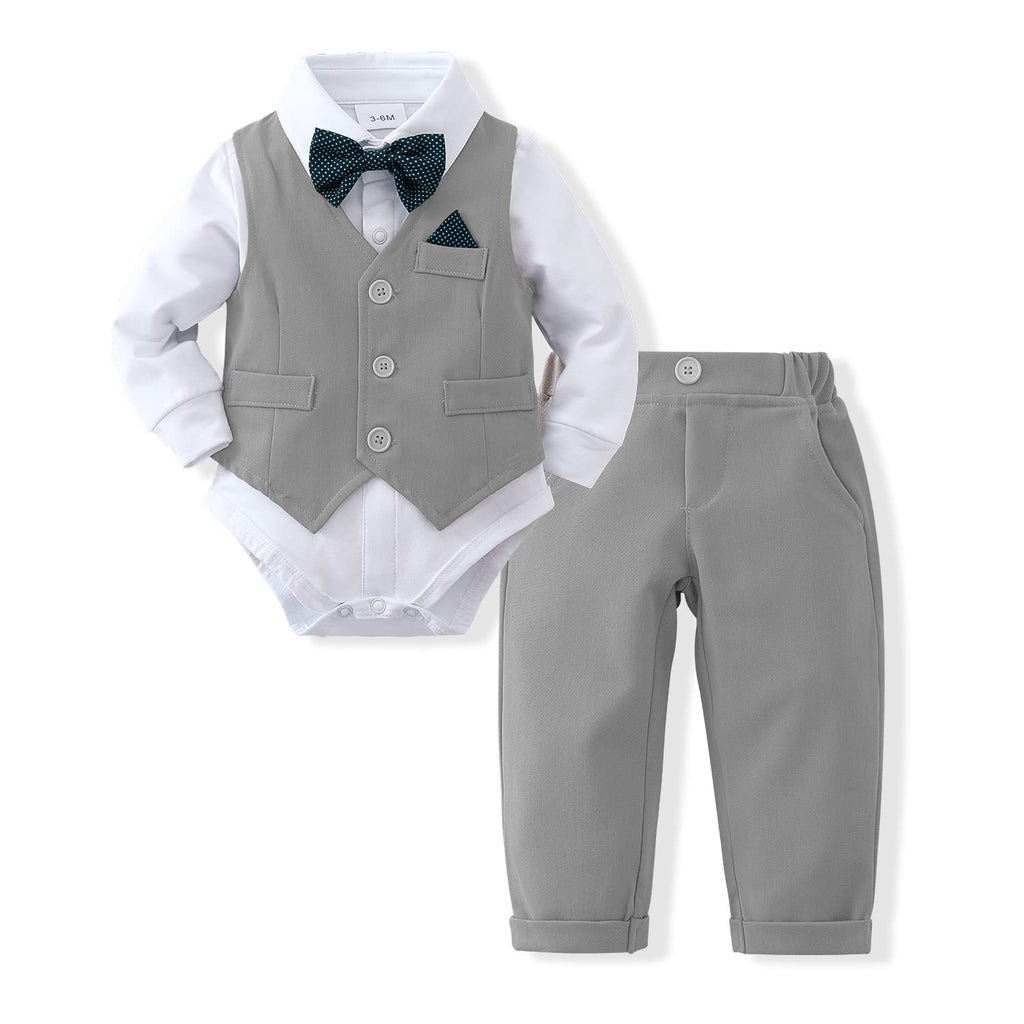 DISAUR Suit for Baby Boy Ring Bearer Outfit Long Sleeve Infant White Shirt Gray Vest Pants Bow Tie 1t 12 18 Months