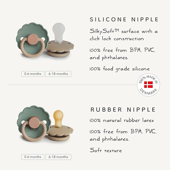 FRIGG Daisy Natural Rubber Baby Pacifier | Made in Denmark | BPA-Free (Poppy/Lupine, Size 1) 2-Pack
