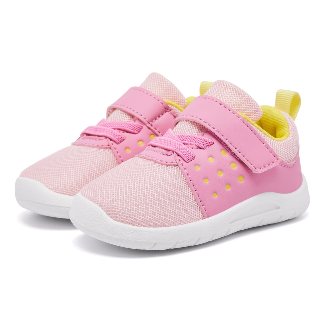 MORENDL Toddler Baby Shoes 0-4 Years Boy Girl Lightweight Breathable Non-Slip Sports Sneakers Running Walking Tennis Barefoot Shoes Pink Yellow 12-15Months