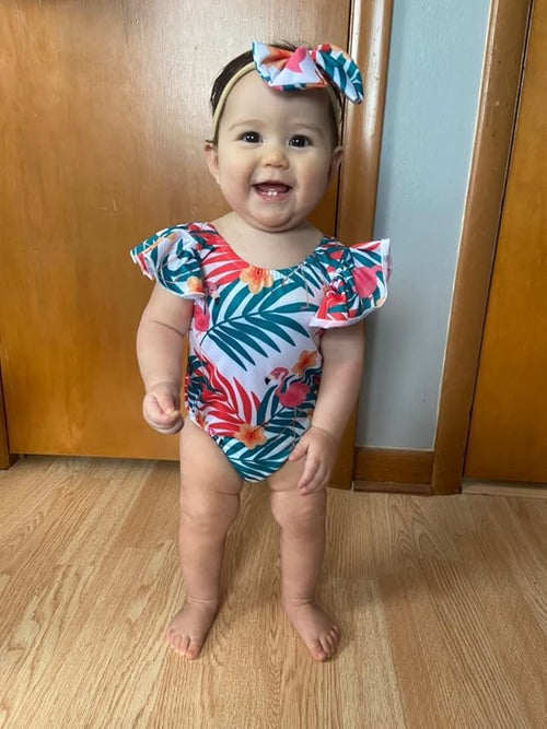 12-18 Months Infant Swimsuit Girl Baby Flamingo Swimsuit Hawaiian One Piece Ruffles Swimwear Bathing Set