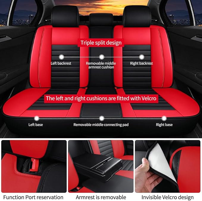 Leather Car Seat Covers for Toyota Corolla 2006-2024,Car Seat Covers Full Set,Seat Covers with Safety,Waterproof Seat Cover Compatible Airbag(5pcs Black&Red Bars Standard)