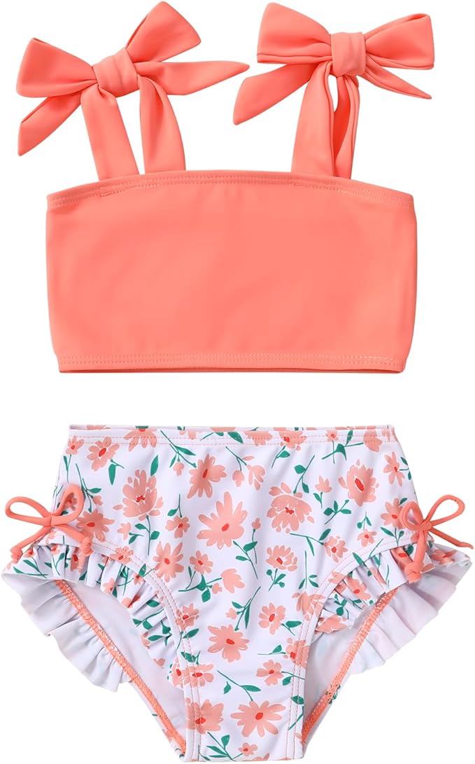 Toddler Swimsuit Girl Color Block Stripe Swimwear Baby Girl Summer Beach Bathing Suits Bikini Set with Ruffled Edges