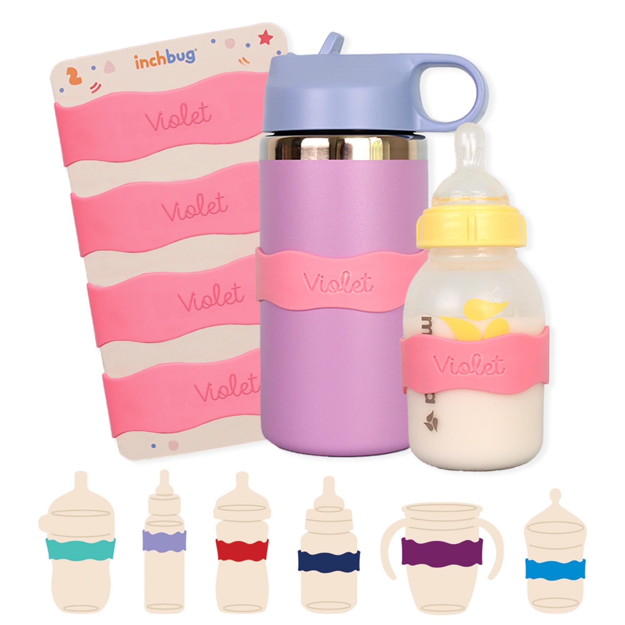 InchBug Orbit Labels Silicone Bottle Bands, 4-Pack, Bubblegum Pink
