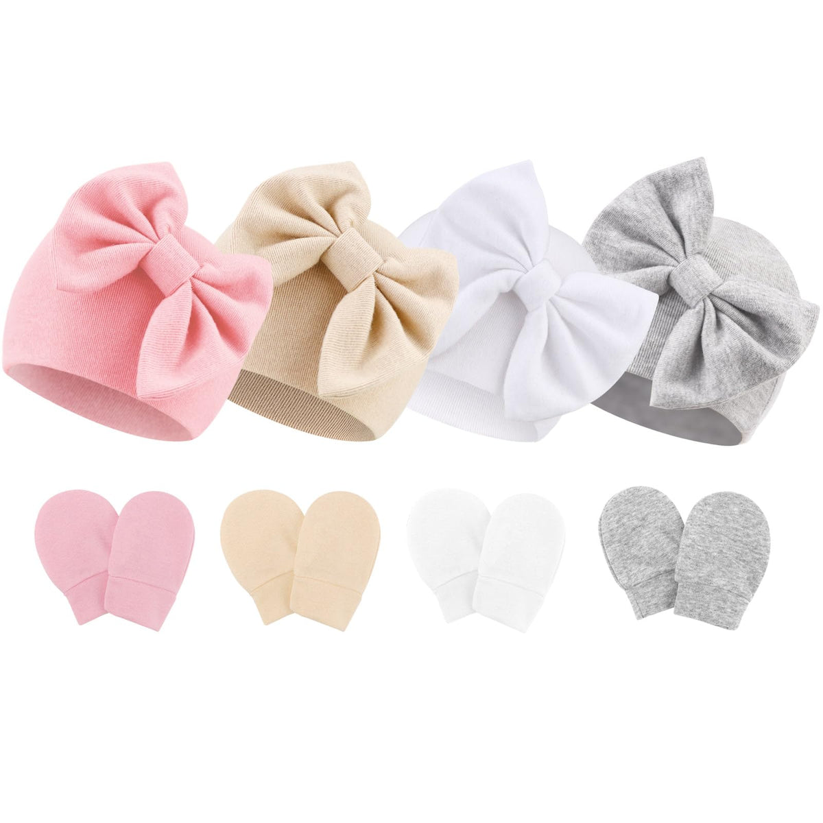 BQUBO Newborn Baby Hats Mittens Set Hospital Hat Beanie Infant Bow Hats Baby Cotton Gloves No Scratch Mittens for 0-6 Months