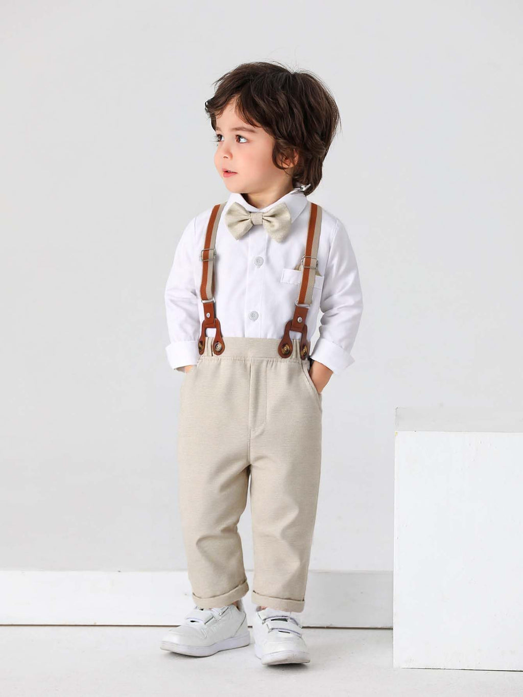 Boarnseorl Baby Boys Gentleman Outfits Pants Sets,Infant Shirt + Pants + Bow Tie + Suspenders,6-7Y
