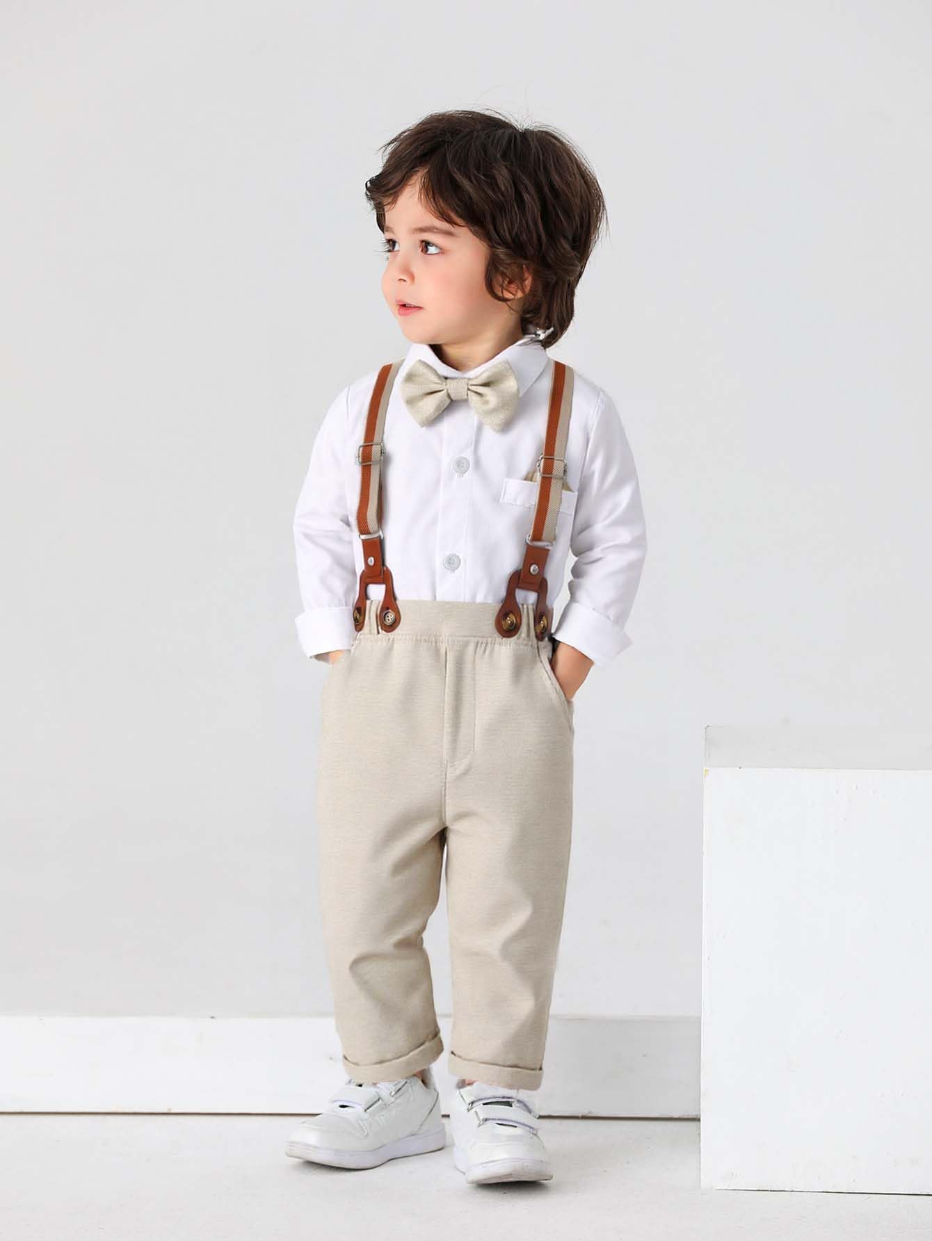 Boarnseorl Baby Boys Gentleman Outfits Pants Sets,Infant Shirt + Pants + Bow Tie + Suspenders,3-4Y