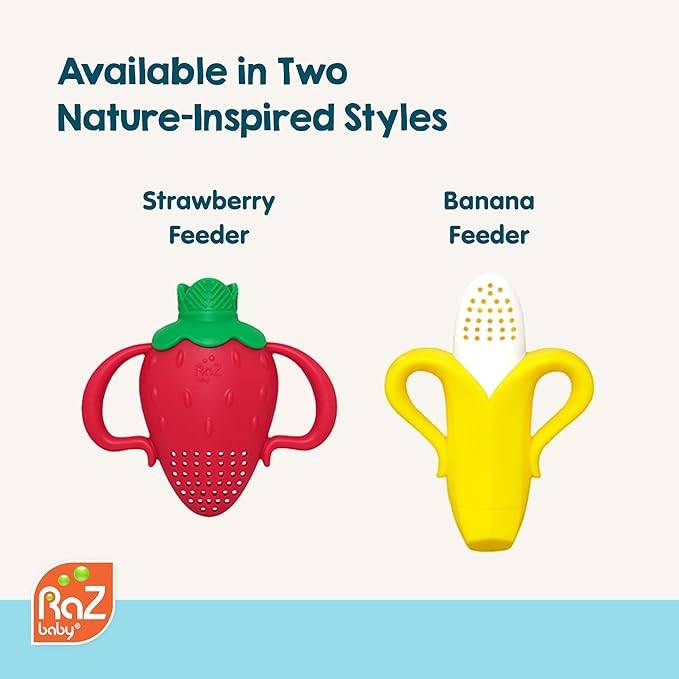 RaZbaby Fruitique Fruit Feeder One-Piece Baby – Larger Opening for Refilling & Fits More Fresh/Frozen Fruit for Teething Relief, Easy to Hold, Safer Design, BPA-Free, Dishwasher Safe - Banana