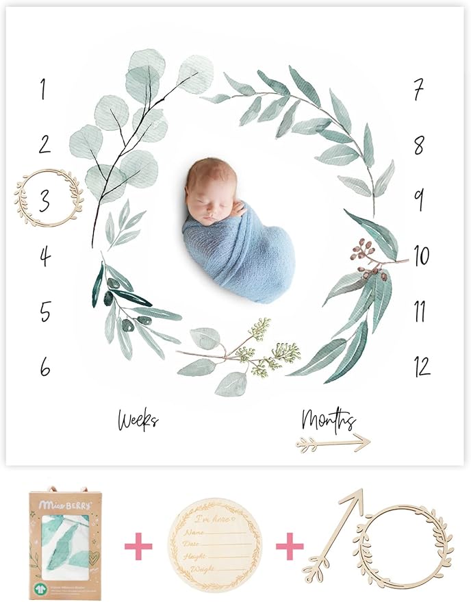 Organic Baby Monthly Milestone Blanket Newborn Boy Girl Unisex Gender Neutral| Green Leaf Wreath Eucalyptus Baby Nursery Month Picture Blanket| Growth Photography Background Prop|Birth Announcement