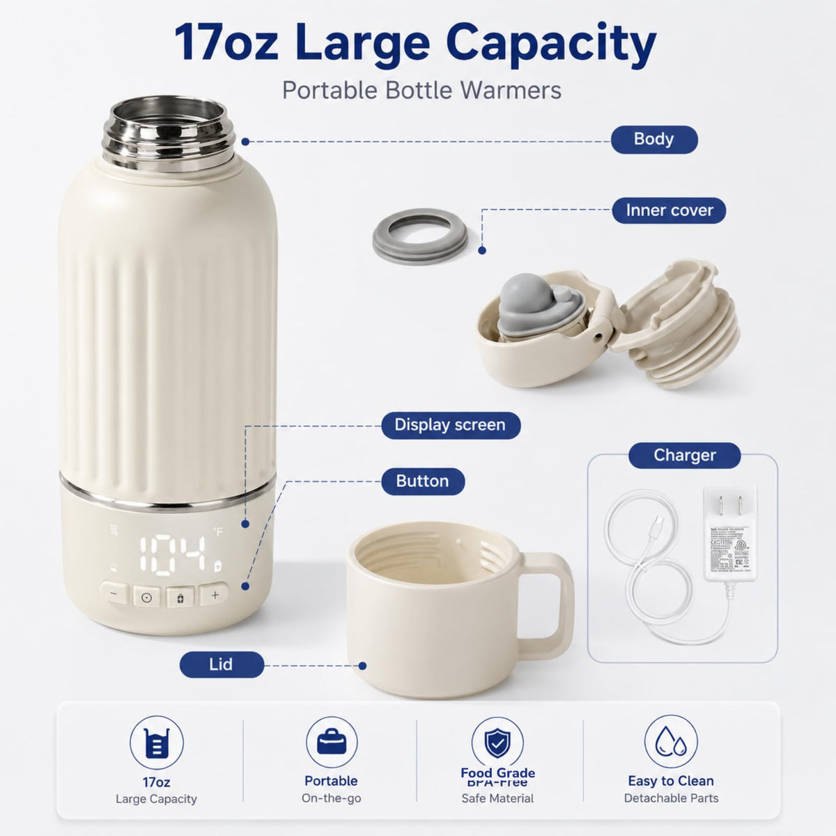 Snow Bear Portable Bottle Warmer for Travel, with 36W Fast Charger, Fast Heating for Breast Milk and Water, 10200mAh Battery with LED Display, 17oz Large Capacity, Smart Water Bottle 500mL