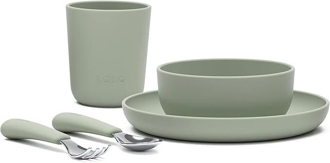 Lalo Big Bites Kids Dinnerware Starter Set - Dishwasher Safe, BPA Free, Kids Tableware Set - Includes Stackable Bowl, Plate, Utensils & Cup - 5 Pieces - Sage