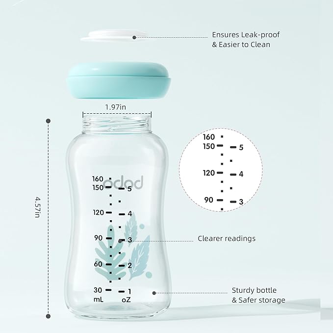 YOHKOH Glass Breast Milk Storage Bottles - 100% Leak-Proof, BPA-Free Breastmilk Storage Containers, Freezer & Dishwasher Safe, Ideal for Nursing Mothers (Blue, 5.4oz (Pack of 4))
