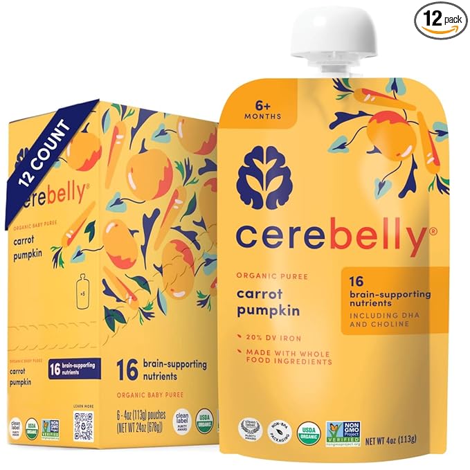 Cerebelly Organic Baby Food Pouches, Carrot Pumpkin Purees, 16 Nutrients, No Added Sugar, Fiber & Non-GMO, 4oz, 12 Pack