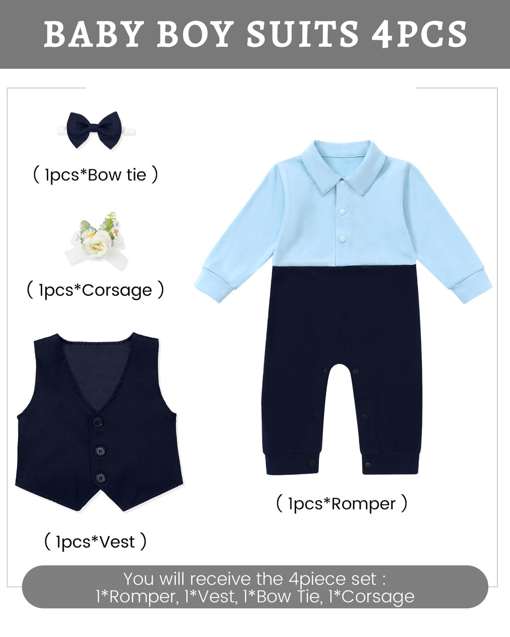 mikiumkee Baby Boy Suit Gentleman Clothes Wedding Outfits Formal Jumpsuit Long Sleeve Romper+Vest Navy Blue 18-24 Months